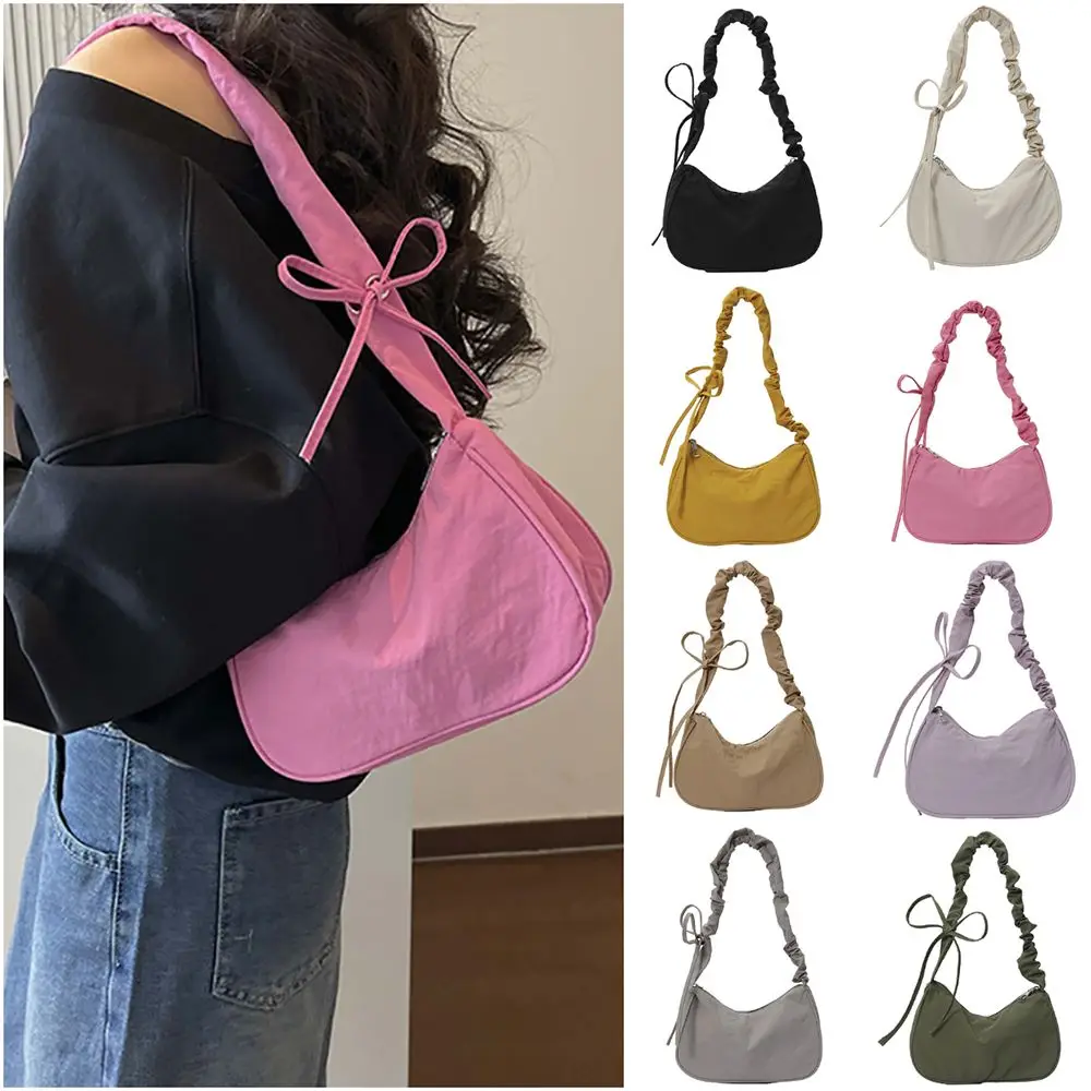 Fashion Multicolor One-shoulder Bag Drawstring Nylon Underarm Bag Wrinkle Strap Zipper Clouse Tote Bag Shopping Commutting