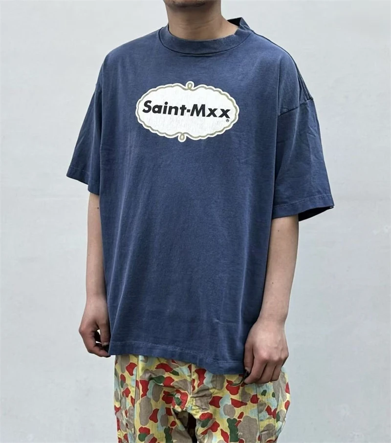 

Summer New SAINT Mx6 SS26 American High Street Vintage Washed Oval Badge Print Round Neck Short Sleeved Cotton Oversize T-shirt
