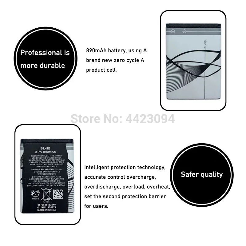 Mới 890MAh BL-5B BL 5B Pin Dung Lượng Cao Cho Nokia 3220 3230 5140 5140i 5200 5300 5500 6020 6021 6060 N83 N90 BL-5B Pin