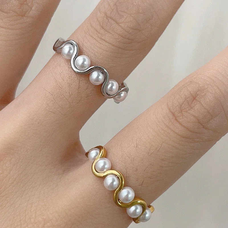 High End PVD fashion Opening Wave Pearl Rings Stainless Steel Gold Silver Color Adjustable For Women Metal Jewelry