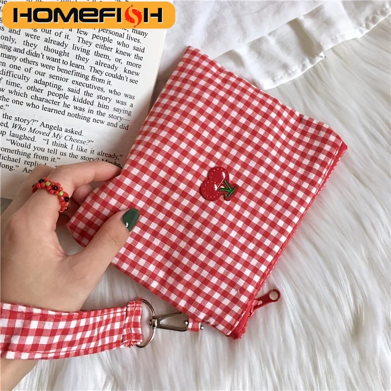 HOMEFISH Red Cherry Canvas Makeup Bag Portable Cosmetic Lipstick Storage Pouch with Easy Carry Handle Plaid Design for Beauty