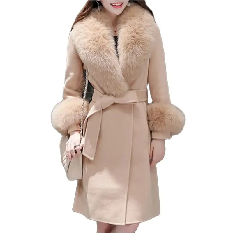 

Fashion Woolen Coat Womens Long Winter Korean Version Of Slim Tie Temperament Big Fur Collarfrenulum Warm Coat Women's Tide.