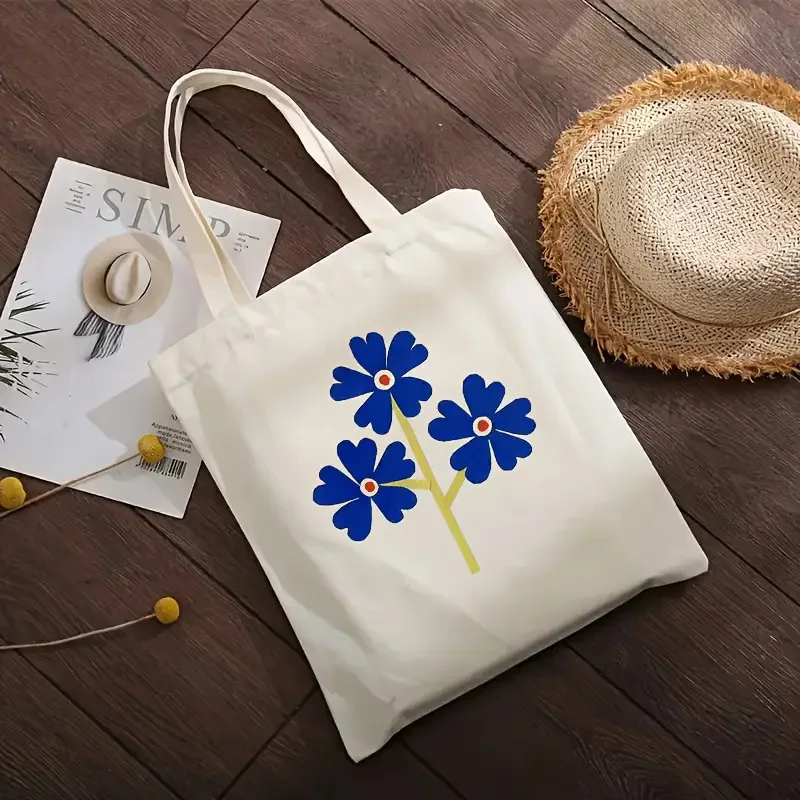 

Minimalist Casual Canvas Shoulder Bag Blue Flower Print Fresh Tote Bag Reusable Eco-friendly Women Daily Shopping Bag