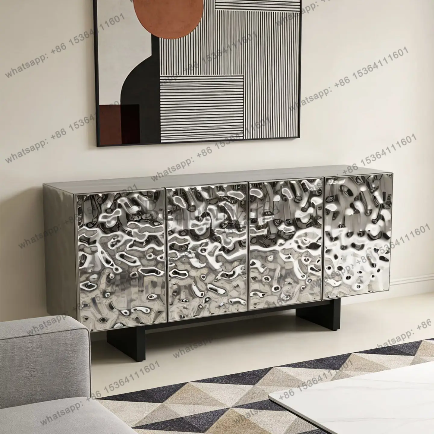 Italian light luxury solid wood dining side cabinet living room storage cabinet art stainless steel texture four doors