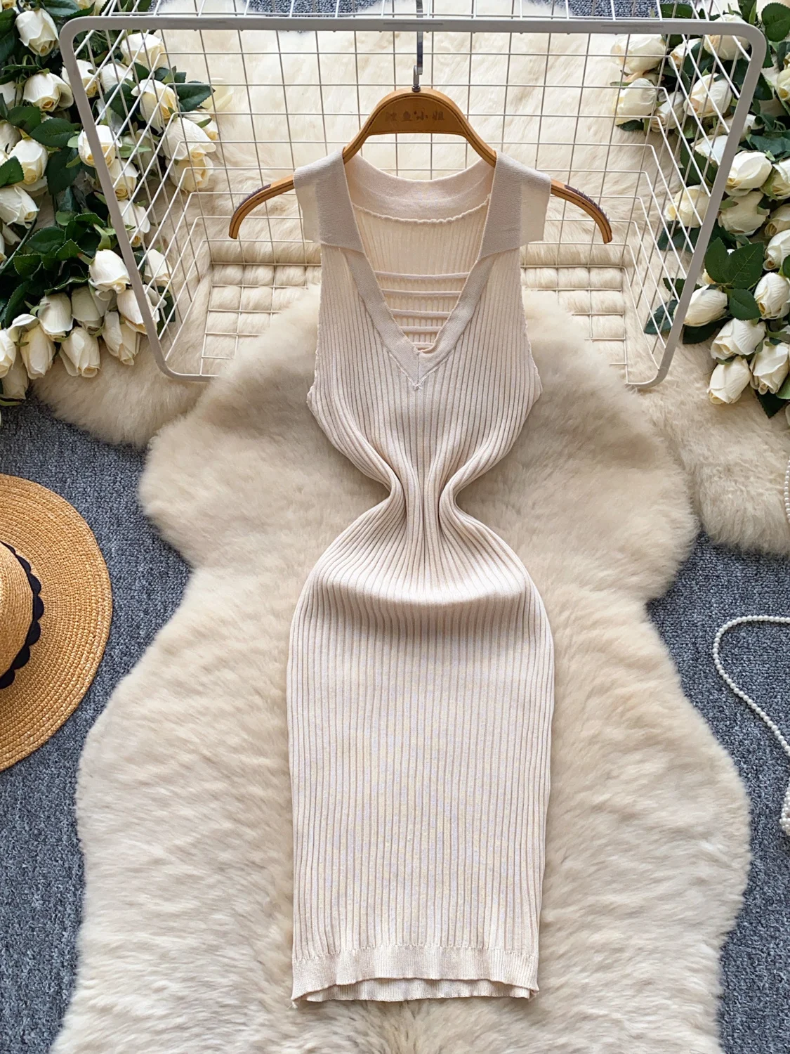 Retro Hollow out  Ne Svel Hanging Ne Dr Women Slimming Pure Desire Bodycon Knitted Dr mid Length a Line