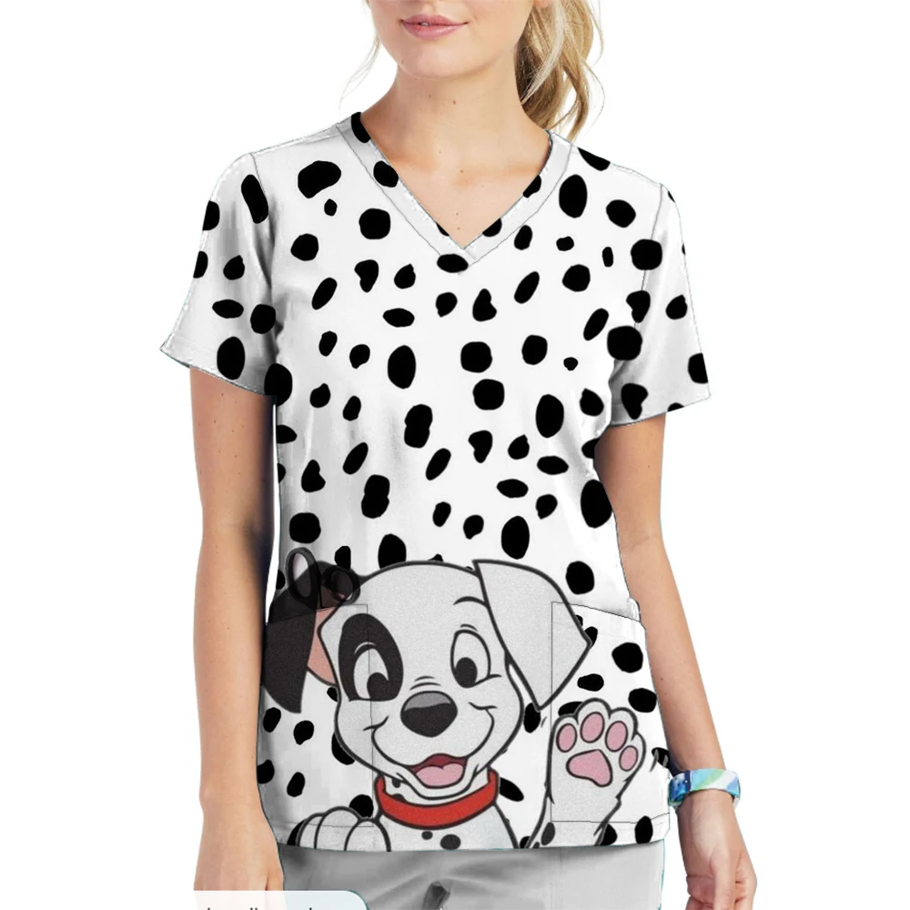 Disney 101 Dalmatians Women's Matte Top Paired with V-neck Cartoon Matte Uniform Thin Nurse Top Women Short Sleeves Healthy Tone