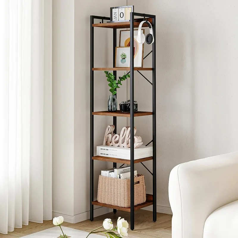 Bookshelf, Book Shelf, Industrial Bookcase with 2 Hooks, Corner Shelf Storage Organizer for Home Office, Living Room, Bedroom