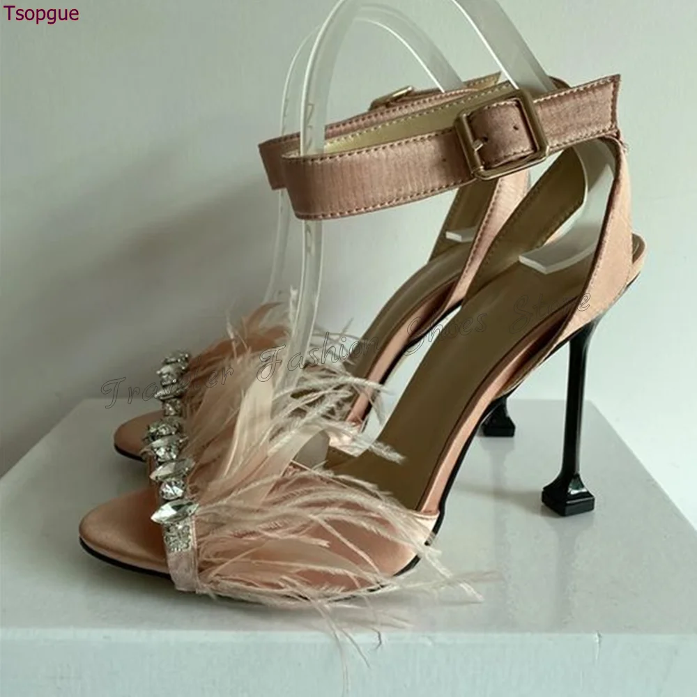 Apricot Peep Toe Feather Decor Sandals Ankle Buckle Thin High Heels High Heel Shoes for Women Heels 2024 New Zapatos Para Mujere