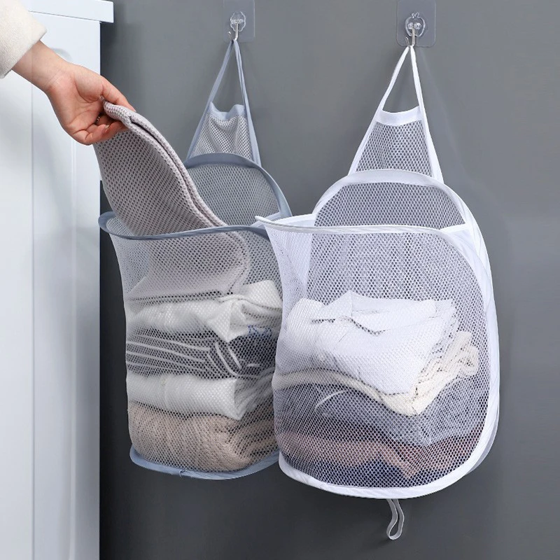 Dirty Clothes Storage Bag Basket Frame Bucket Foldable Mesh Laundry Bathroom Wall Hanging Household Clothing Organizer