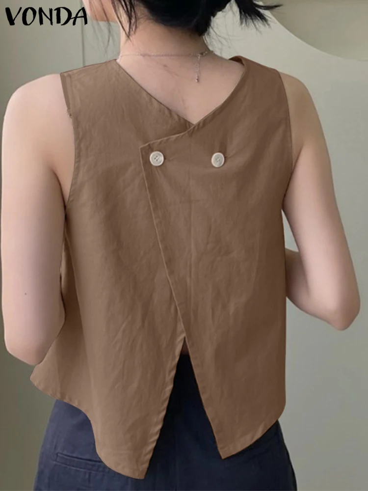 Fashion Blouse 2023 VONDA Women Shirts Summer Sleeveless Both Side Wear Tops Casual Loose Cotton Linen Crop Tops Sexy Blusas