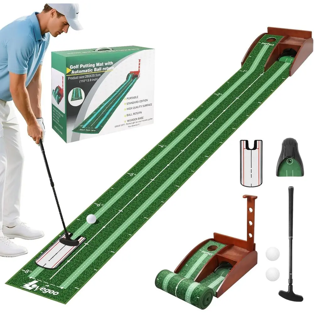 Tapete de Práctica de Golf para Interiores con Retorno Automático de Pelotas, Base de Madera Maciza y Superficie de Terciopelo Cristal para Uso en el Hogar y la Oficina