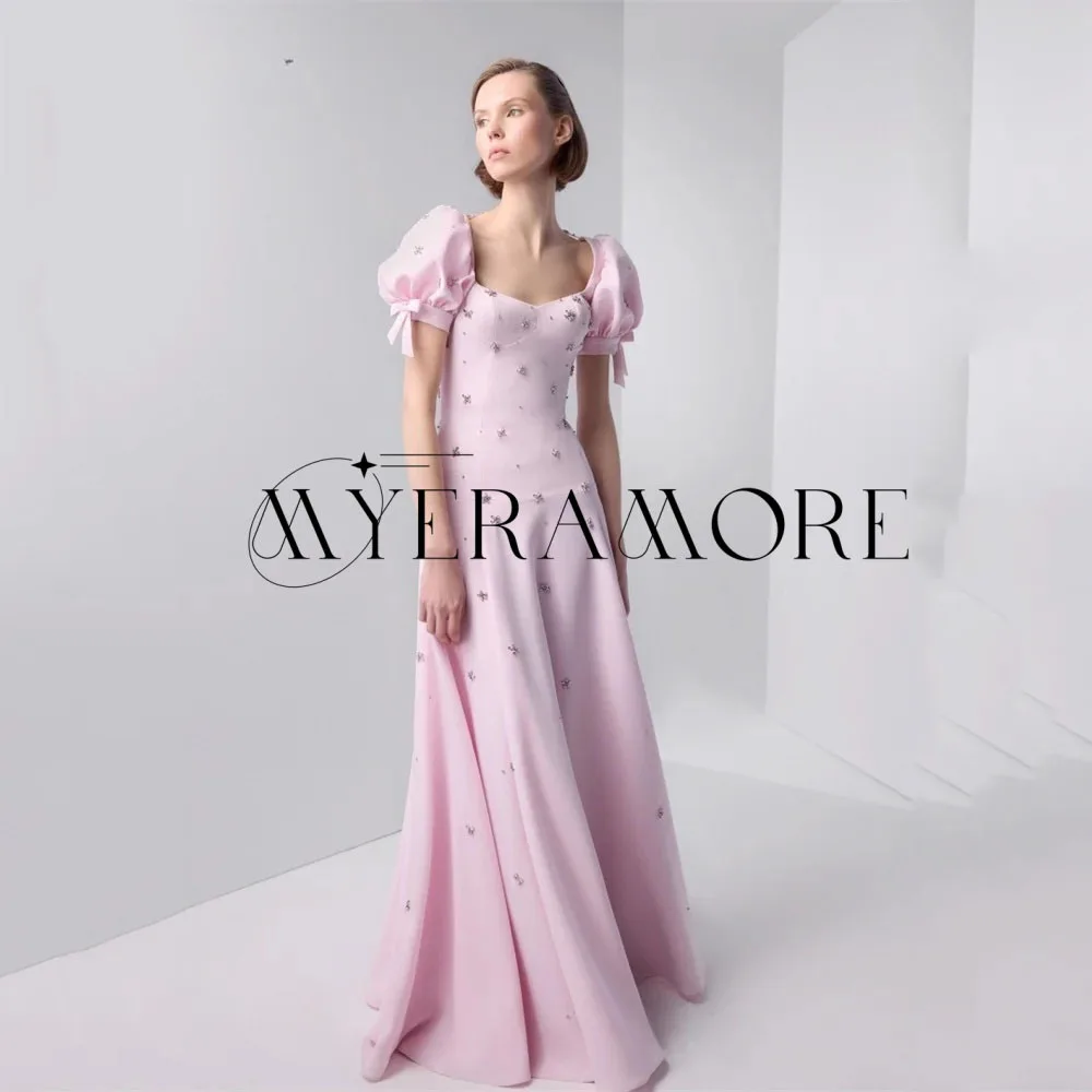 

Exquisite Square Neck Evening Dresses Pink A-Line Backless Beaded Bow Party Prom Gowns Customized robes de soirée