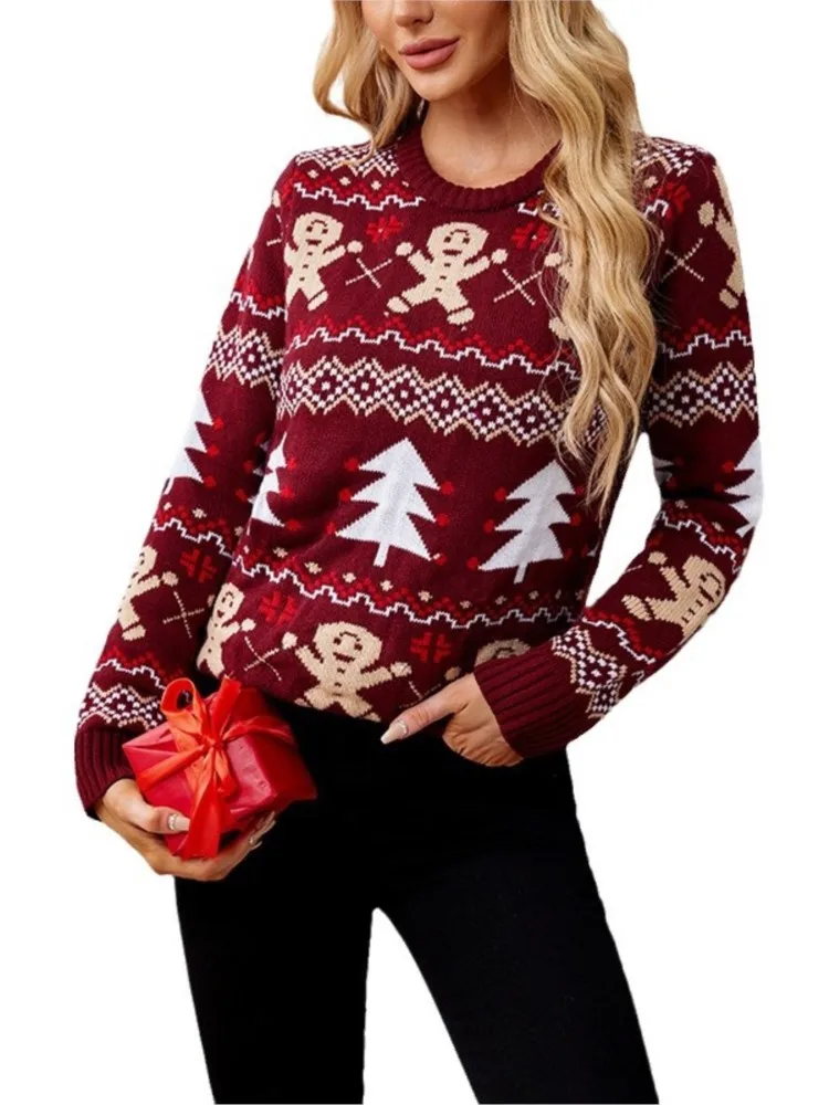 New Autumn Winter Christmas Sweater Women's Jacquard Print Long Sleeve O Neck Casual Knitting Merry Xmas Female Pullover Top 5