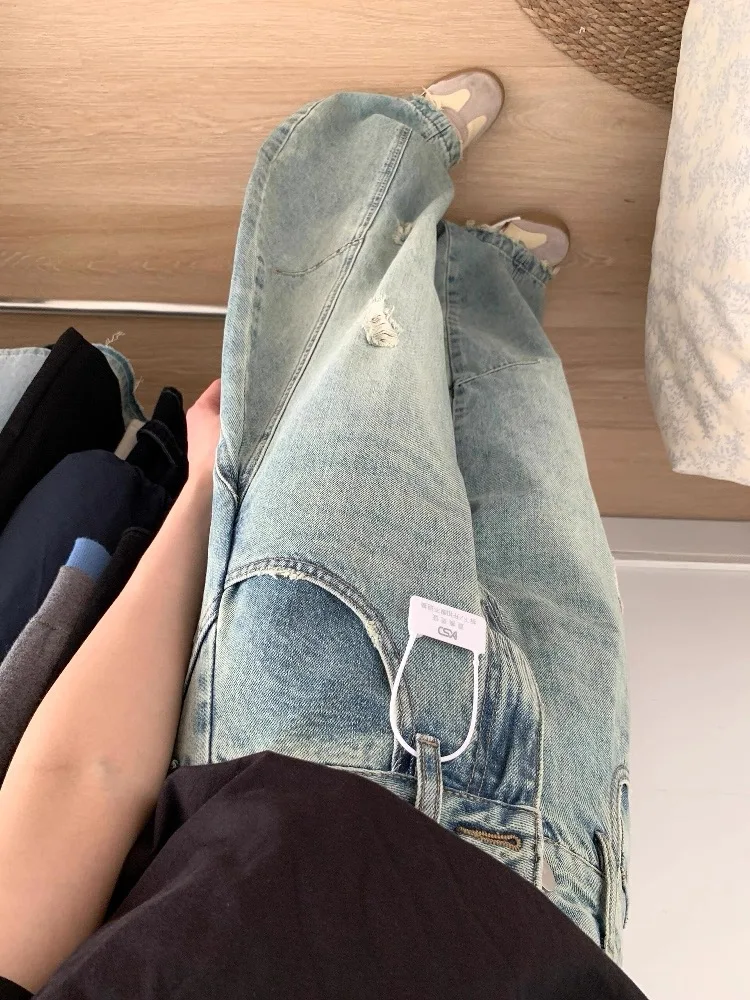 Y2K الأزرق المتعثرة الجينز النساء الخريف منحني سكين قطع فضفاضة واسعة الساق مستقيم سليم ممسحة السراويل