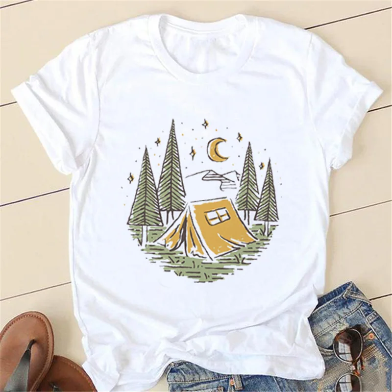 I'd Rather Be In The Mountains Print T Shirt Women Vintage Mountain Camping Graphic Short Sleeve Outdoor Hiking Lover Casual Tee