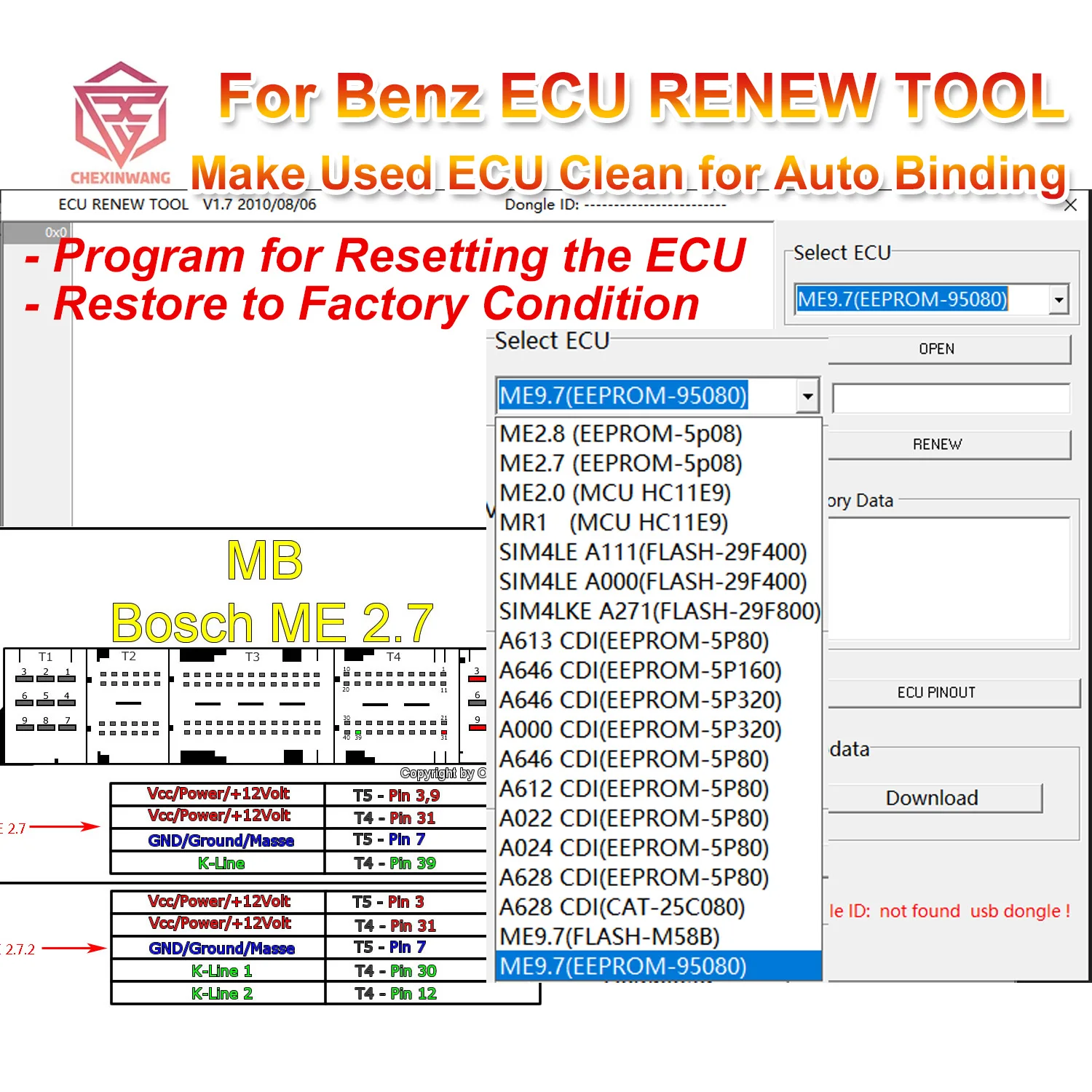 For Mercedes/MB ECU RENEW TOOL V1.7 Make used ECU Clean for Auto Binding Program for Resetting the ECU Support ME9.7 MR ME2.0