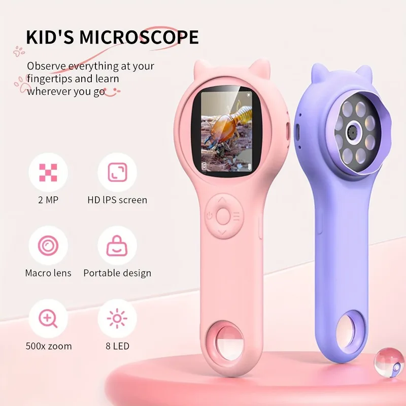

IPS Screen Portable Microscope w/ 8 Adjustable Lights, Photo & Video Recording, Mini Handheld Digital Magnifier for Kids Gifts