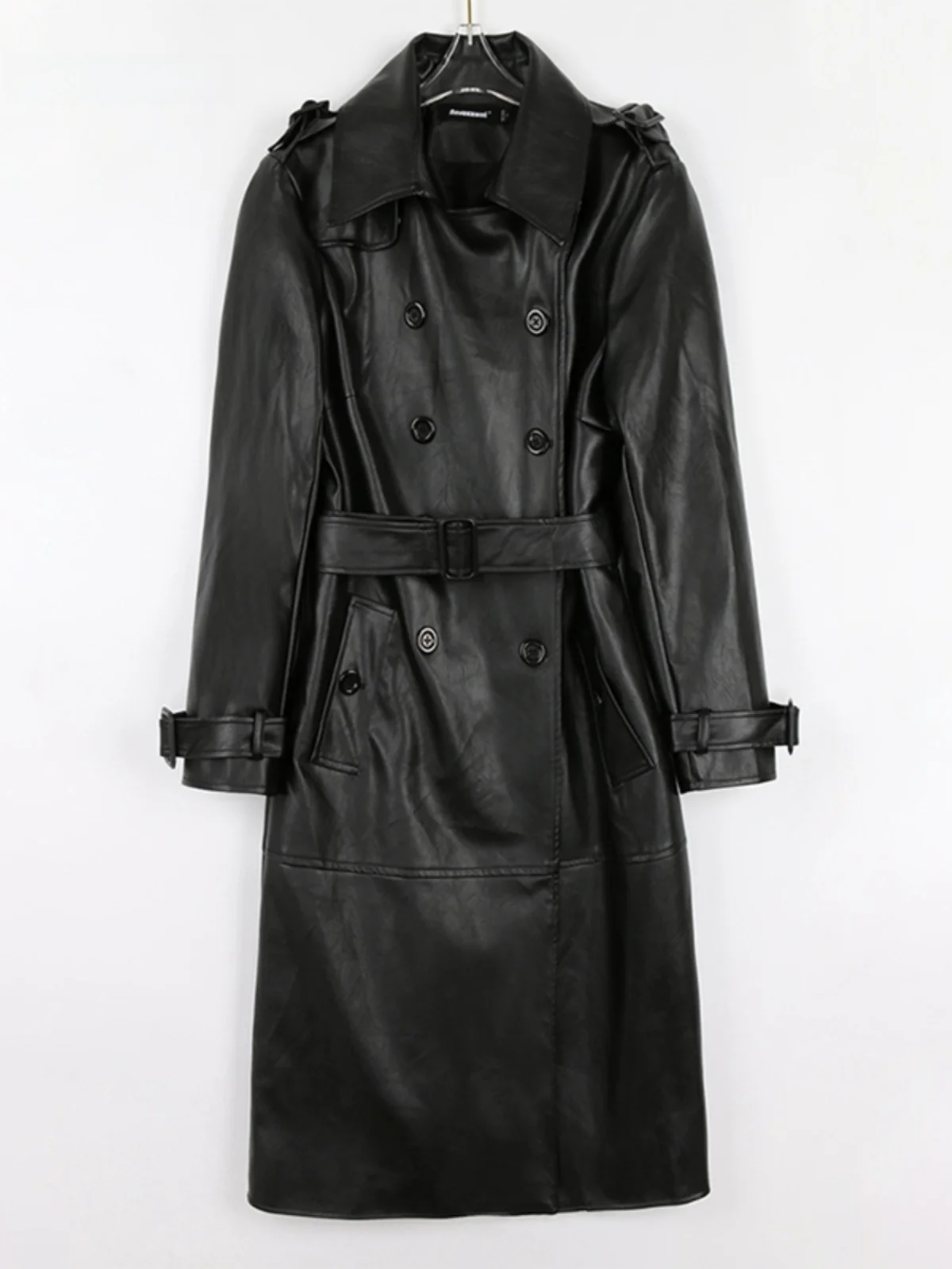 Nerazzurri Women's Long Sleeve PU Leather Jacket Double Breasted Black Outerwear Coat Commute Style Water Washed Leather