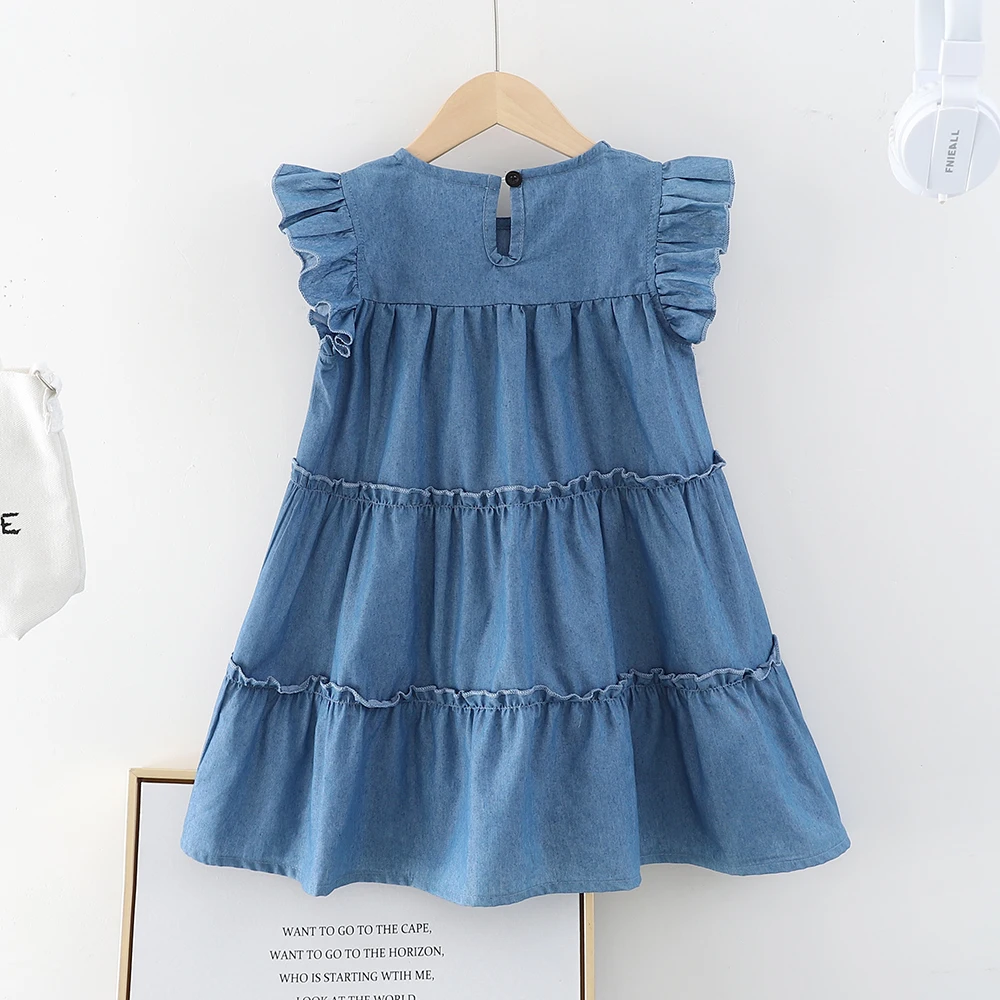 Summer Girls Dress Summer Flying Sleeve Pure Blue Tiered Dress Casual Style Kids Clothes