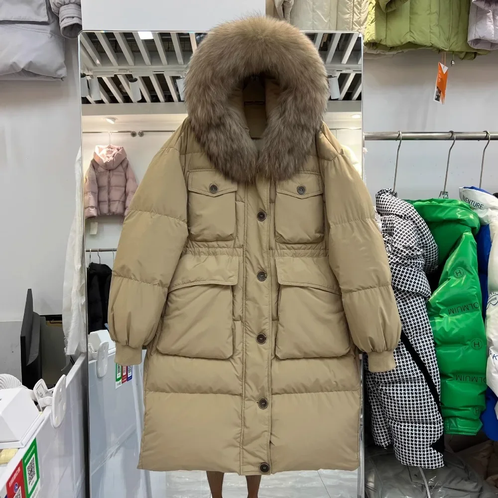 2024 Big Real Raccoon Fur Hooded Duck Down Coat Waterproof Winter Women\'s European Long Puffer Jacket Female Rain Feather Parkas