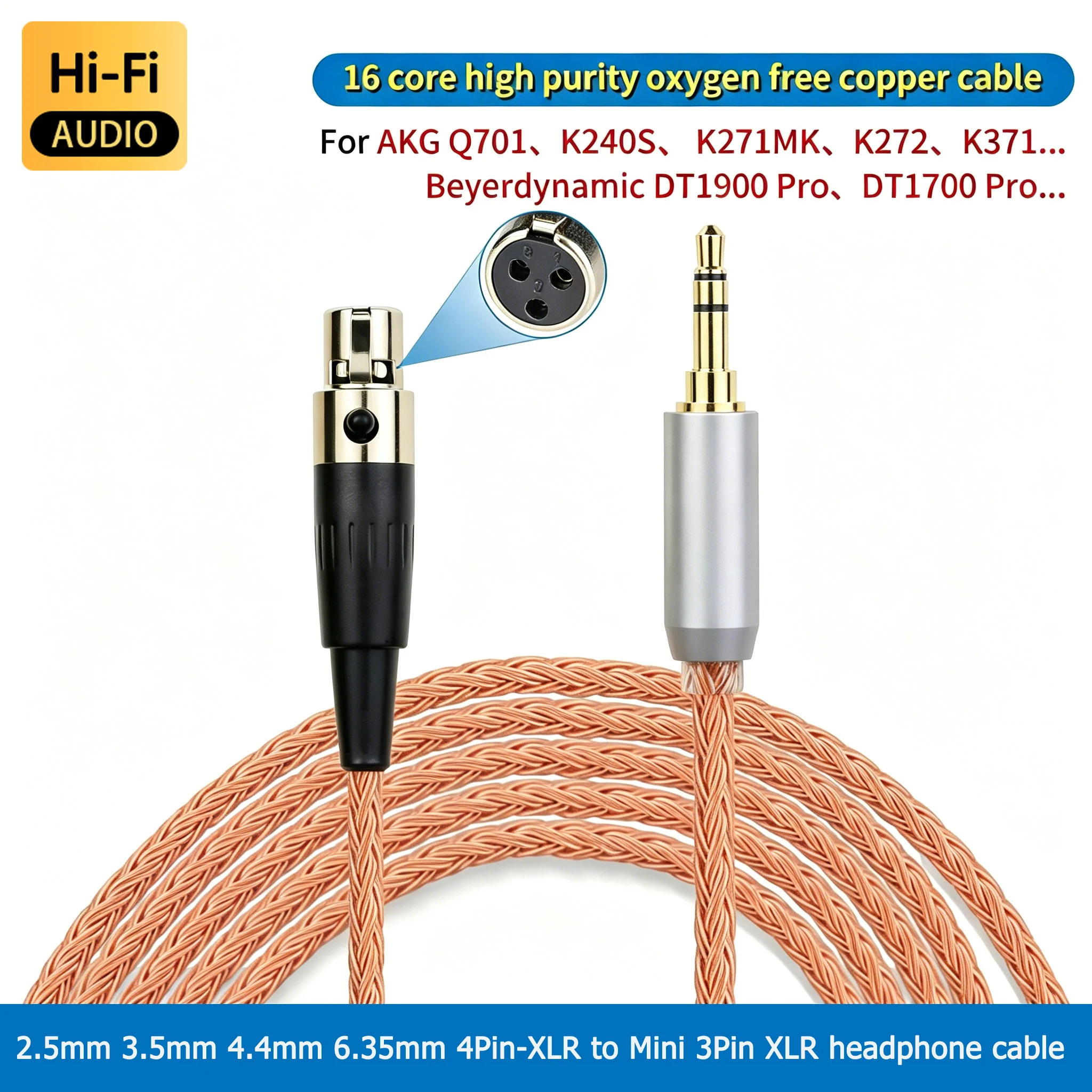 HiFi 16 Core 2.5/3.5/4.4/6.35 XLR to Mini XLR 3Pin Headphone Cable For AKG Q701 K240S K272 Beyerdynamic DT1900 Pro DT1700 Pro