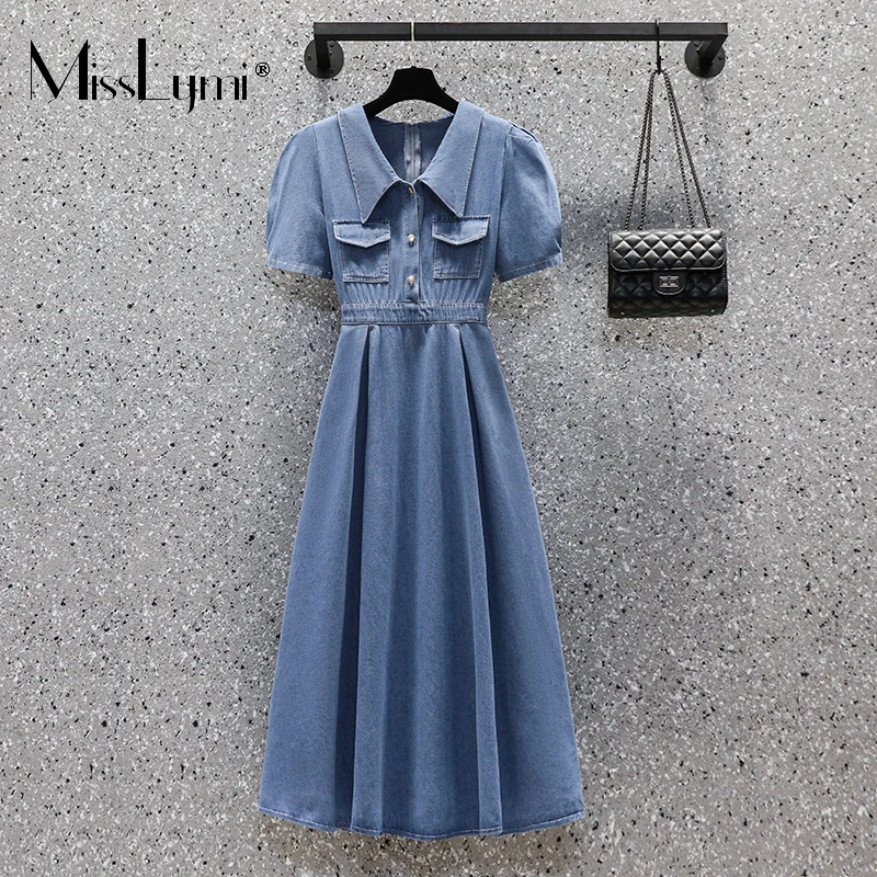 

MissLymi L-4XL Large Size Summer Women Denim Mid Dress Vintage 2022 Peter Pan Collar Puff Sleeve Multi Pocket Ladies Wrap Dress