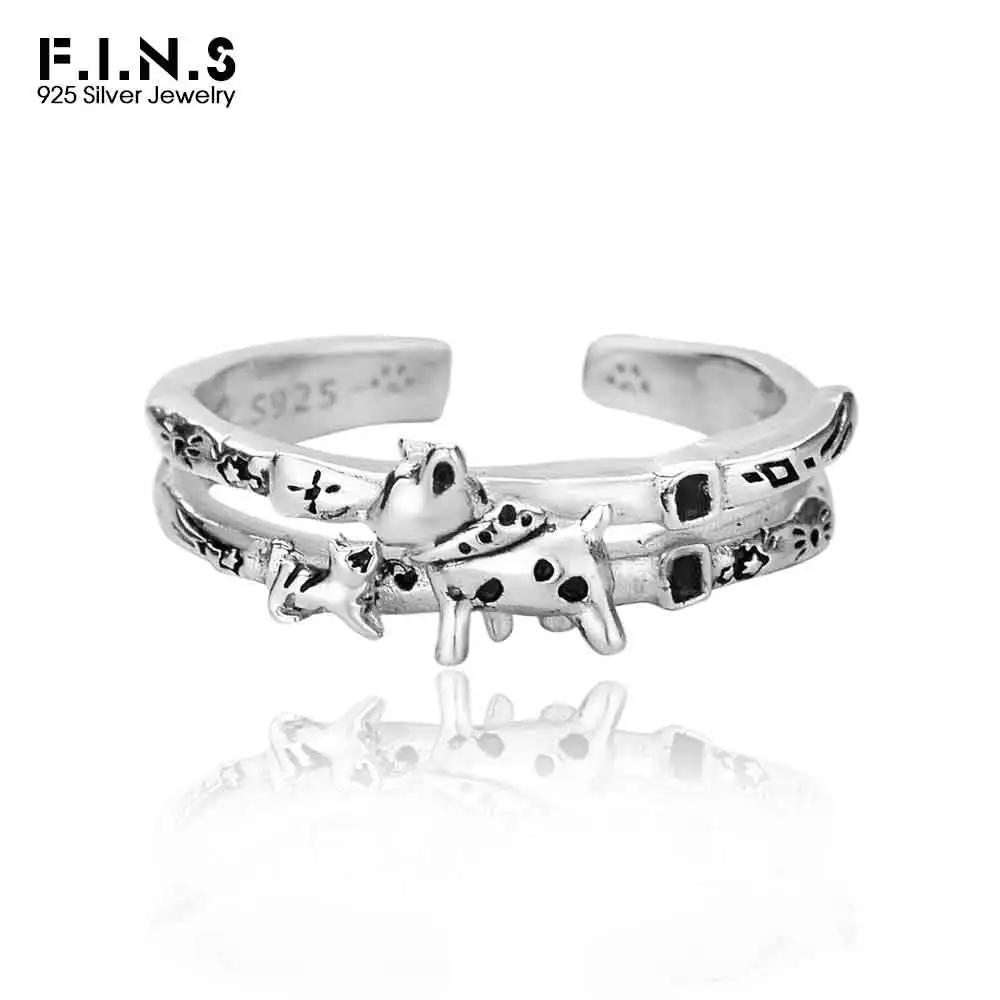 

F.I.N.S Retro Old S925 Pure Sterling Silver Cat and Dog Ring CHIC Cool Open Adjustable Hypoallergenic Finger Fine Jewelry Gifts