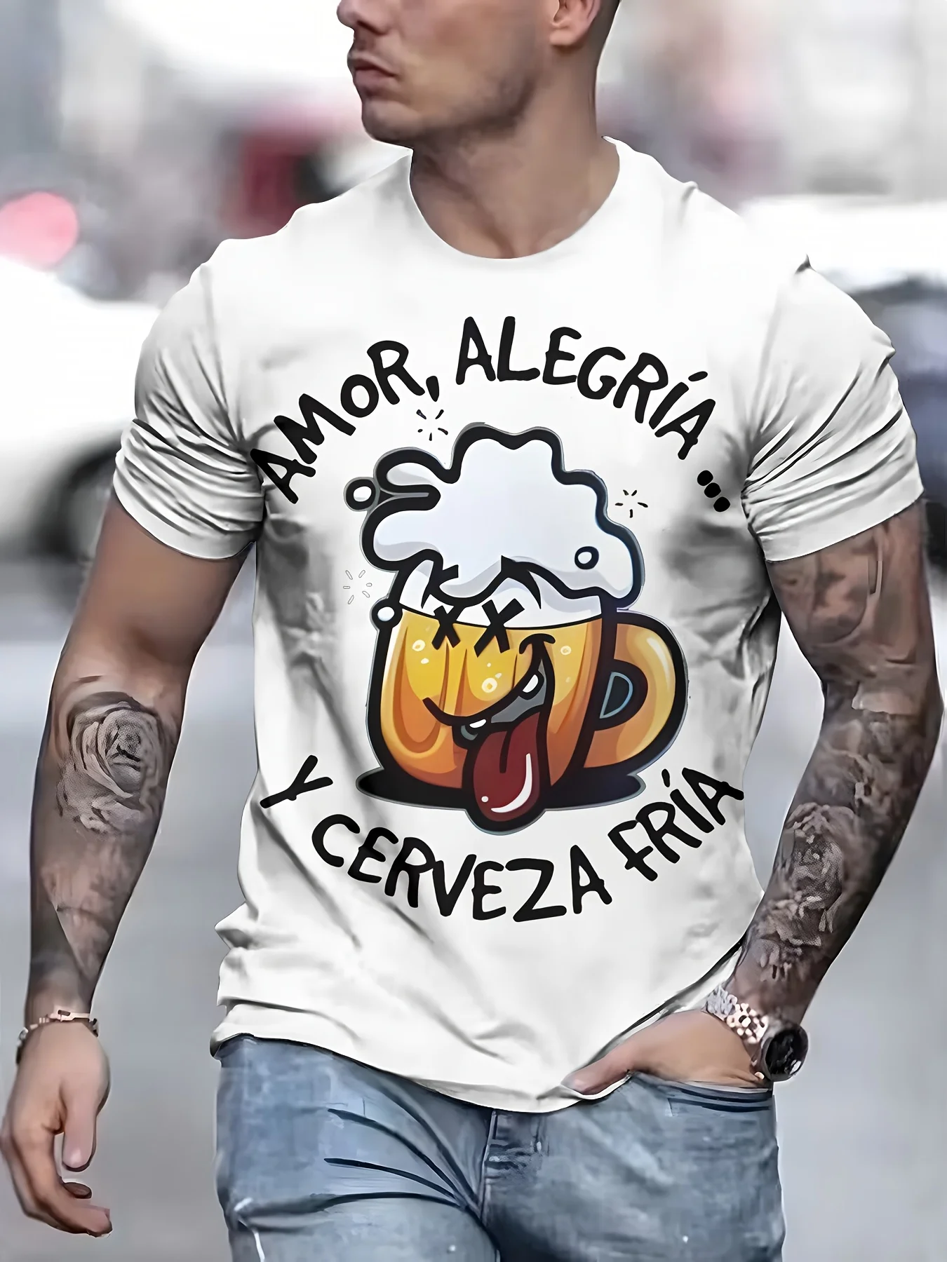 

Men's 3D Graphic T-Shirt Funny Beer Mug and Spanish Slogan Print Dark Green Casual Crew Neck Tee Top