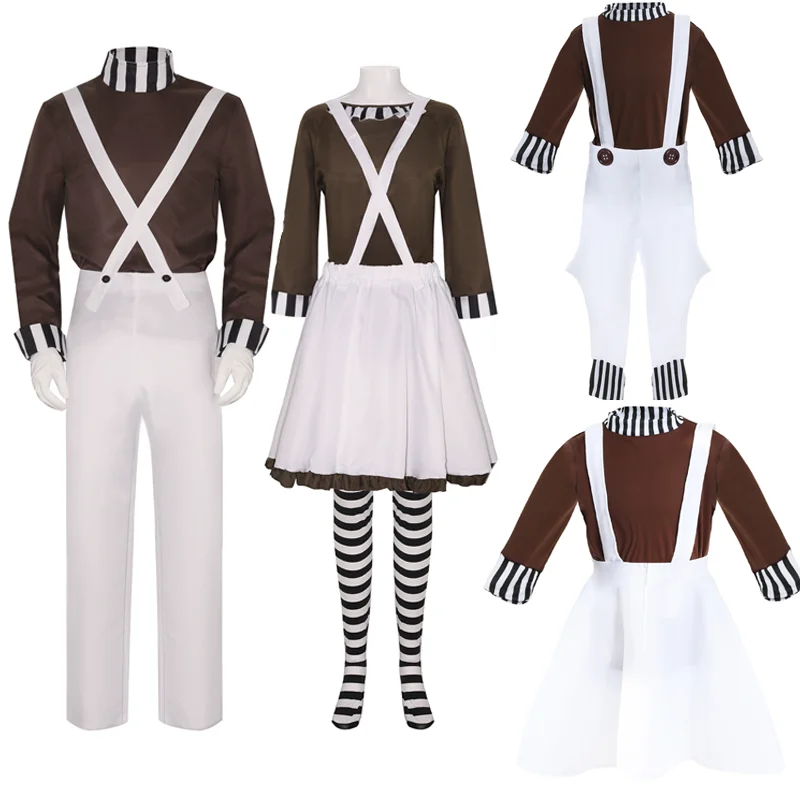 Charlie chocolat usine Oompa Loompa Cosplay Costume haut salopette ensemble robe pour femmes hommes enfants filles garçons Halloween Costumes