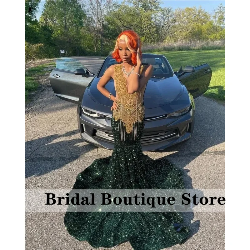 

Customized Gorgeous Black Sequins Mermaid Prom Dress Gold Beaded Crystal Diamond Party Gown Vestido De Festa