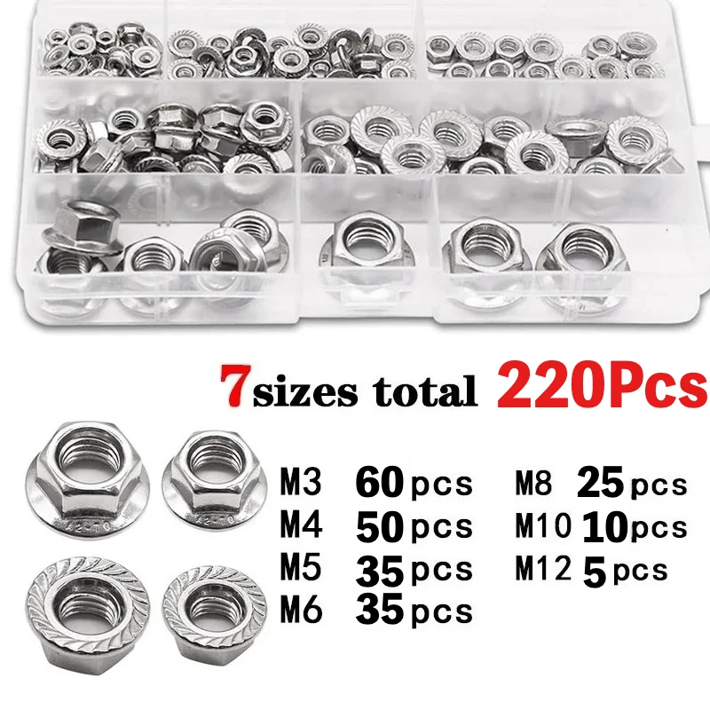 220Pcs M3-M12 304 Stainless Steel Serrated Hex Flange Lock Nuts Assortment Kit DIN6923 Hexagon Nut for Industrial Fasteners