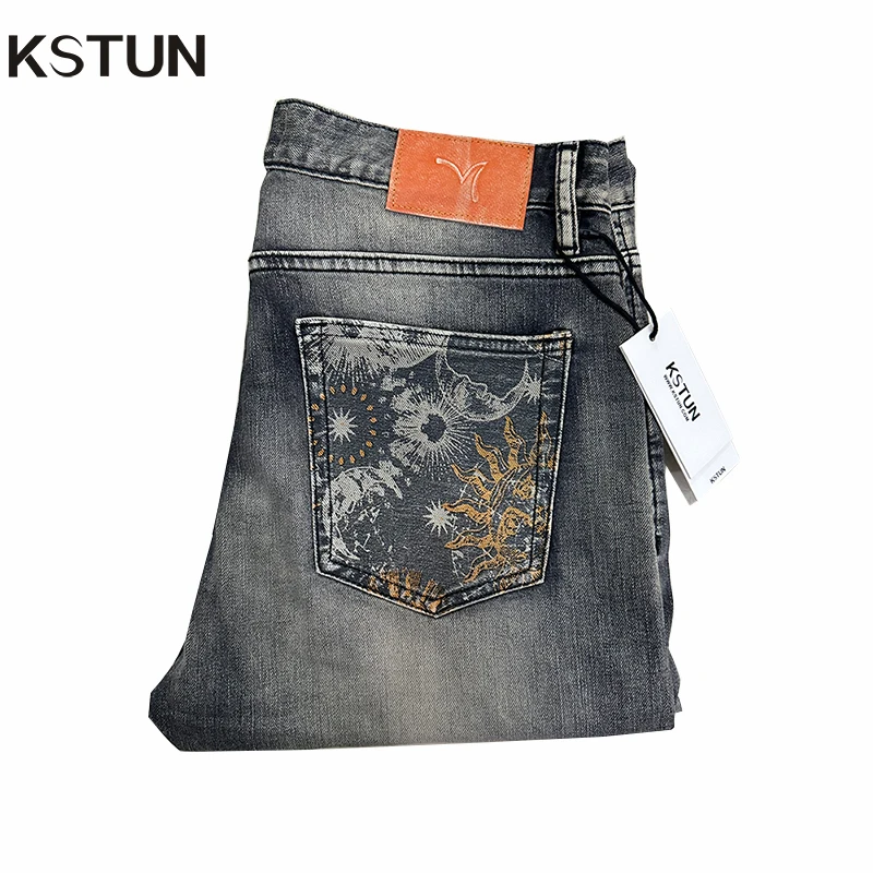

KSTUN Men Jeans Brand Straight Cut Gray Vintage Streetwear Fashion Back Pockets Desinger Printing Men's Clothing Trousers Hombre