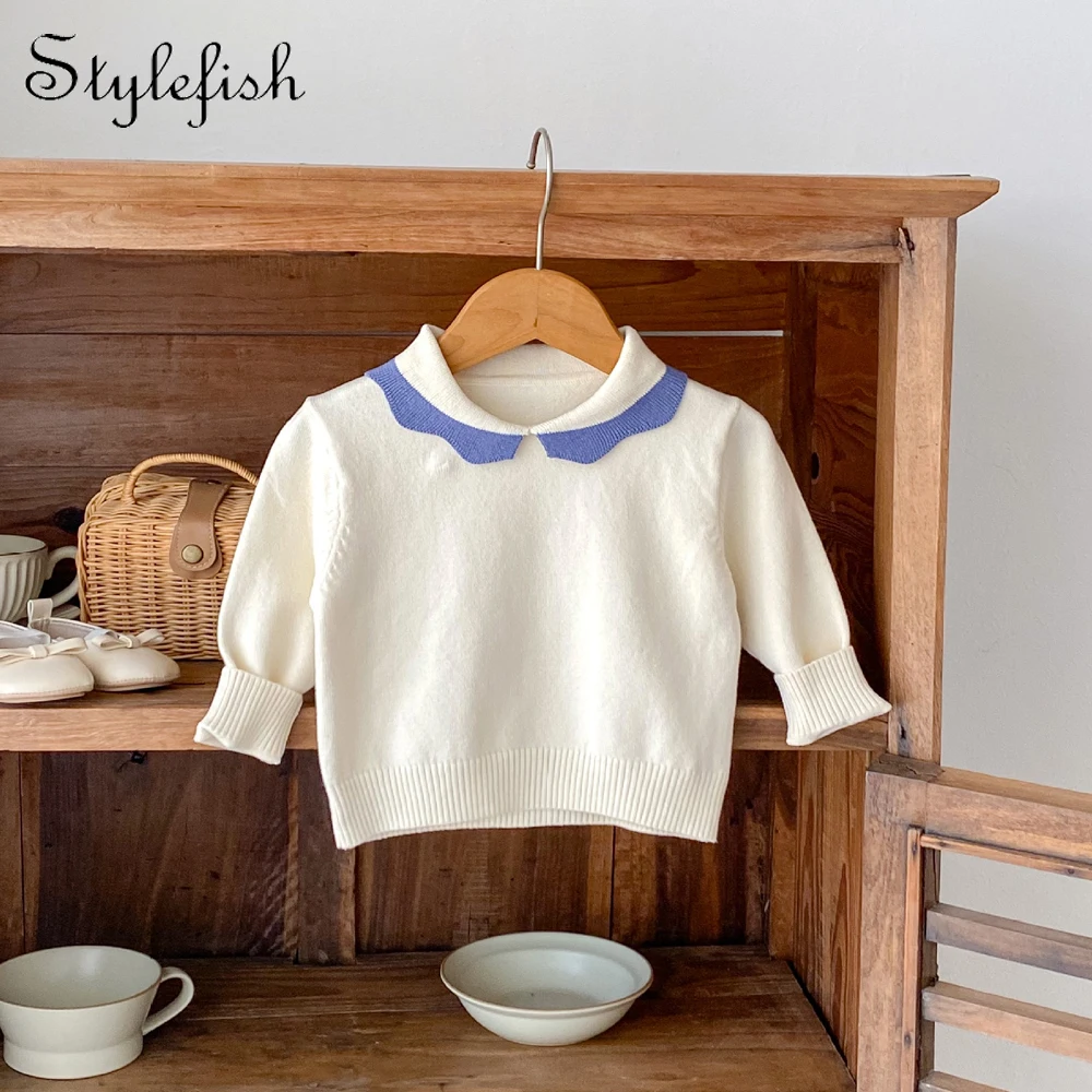

New autumn clothing for babies aged 0-3, contrasting color small collar top for baby boys and baby girls, knitted sweater