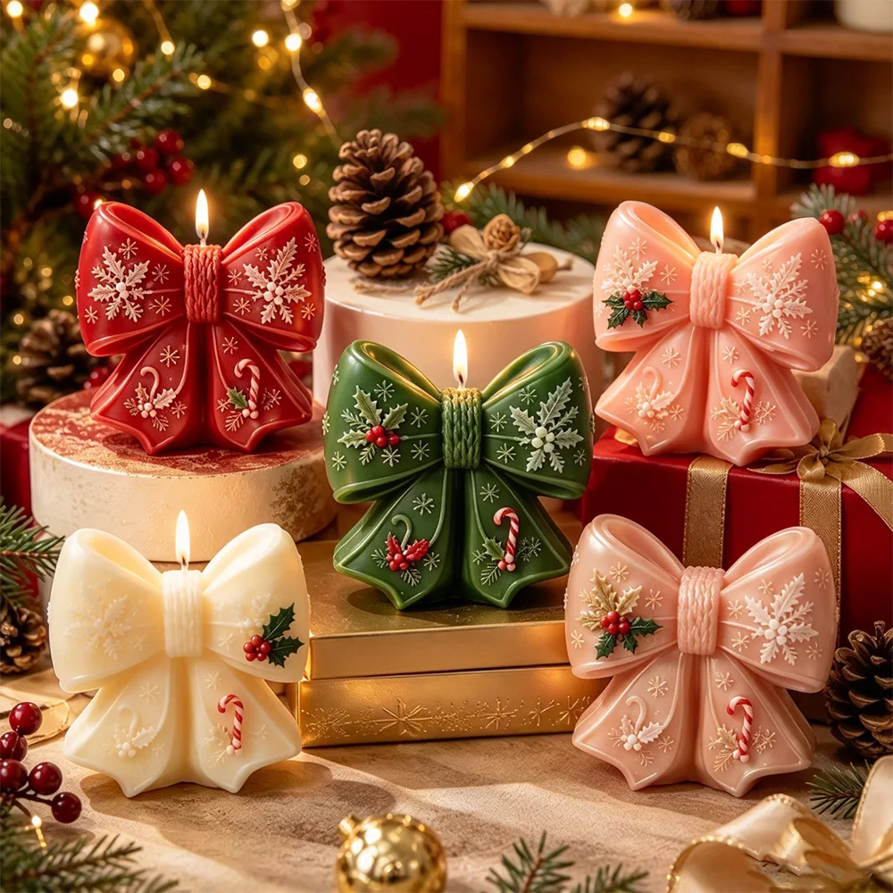 3D Christmas Bow Holly Silicone Candle Mold - Holly Snowflake Bow Scented Candle Clay Soy Wax Mold