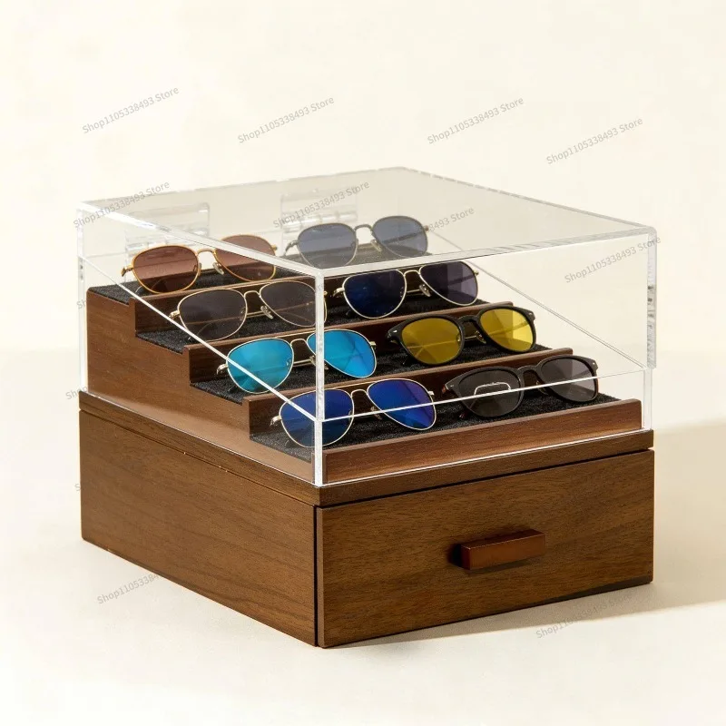 FOR Solid Wood Acrylic Sunglasses Drawer Storage Cabinet Multi-layer Stepped Dust Display Box Jewelry Storage Wood Sticker