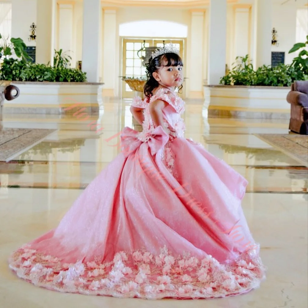Gorgeous Flower Girl Dress Pink Tulle Beading Off Shoulder Flowers Lace First Communion Dress for Wedding Toddler Kids Gowns