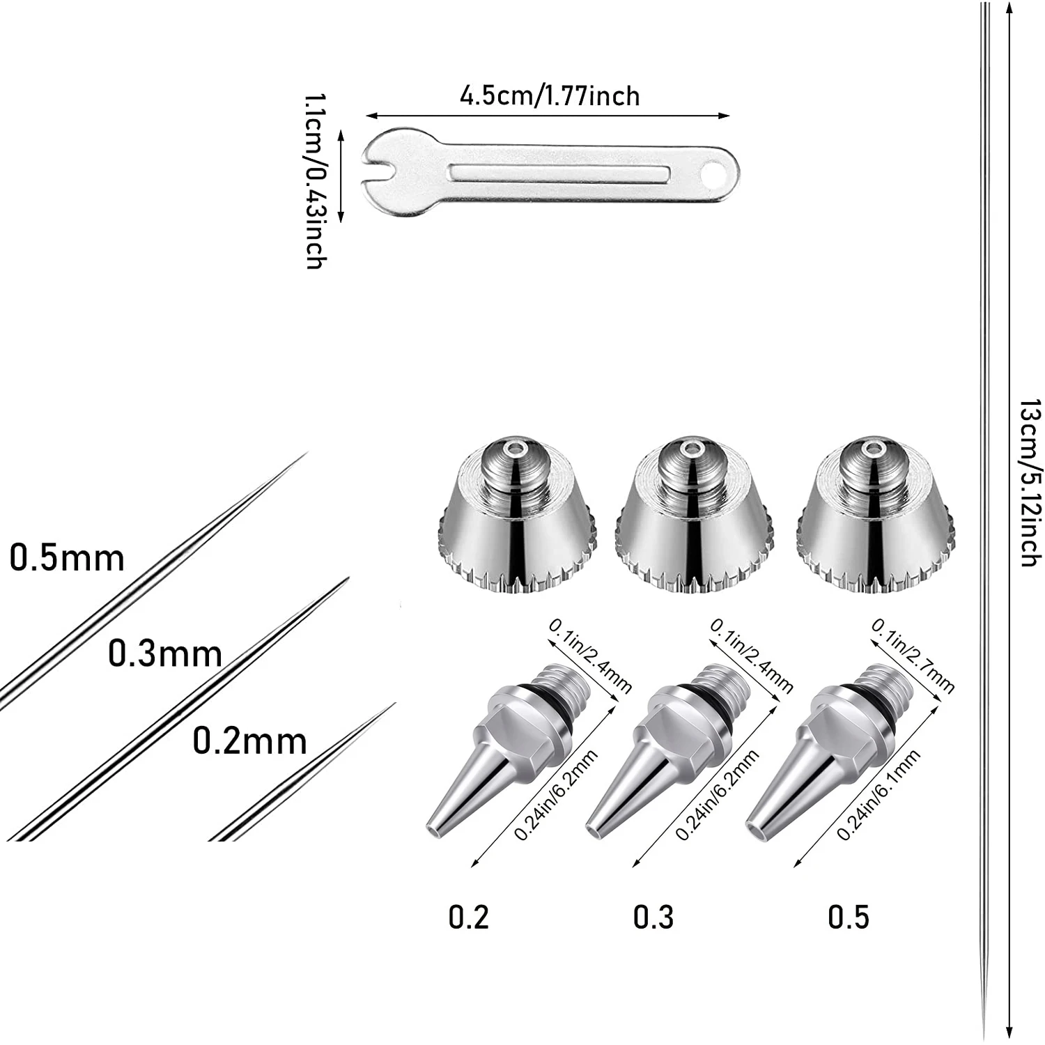 10Pcs Airbrush Nozzle Needle Nozzle Cap Set with Wrench Airbrush Replacement Parts for Airbrush Sprayer