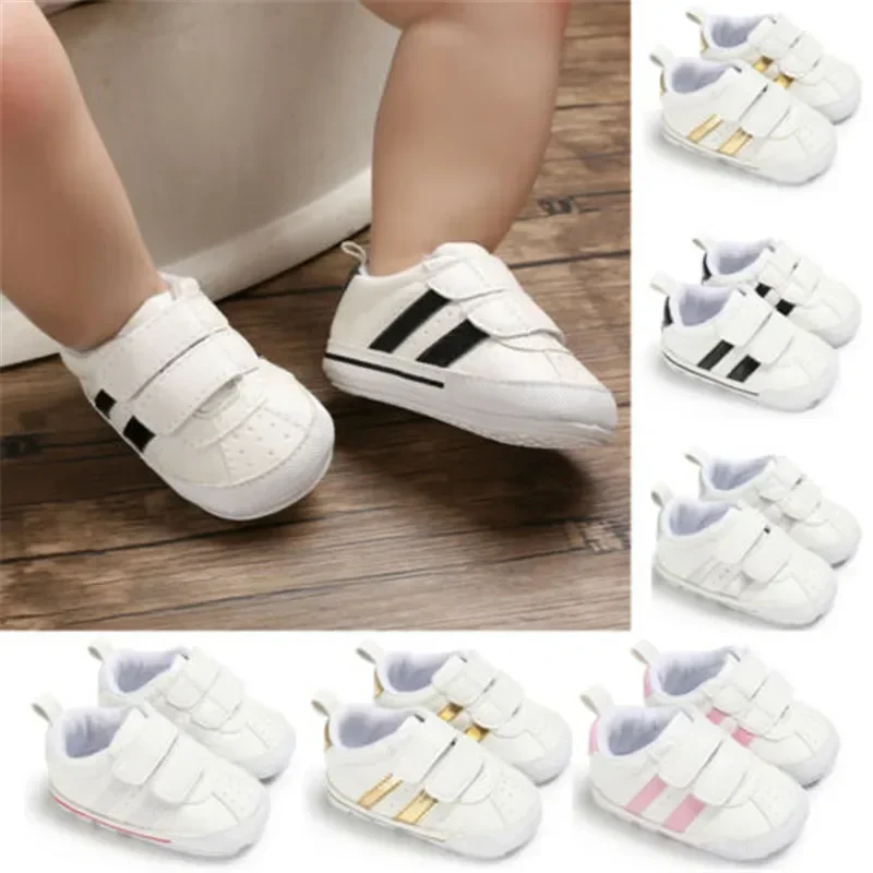 

0-18months Baby Soft Sole Sneakers Non-Slip White Pram Shoes For Infant Boy Casual Shoes Stripe Prewalker Trainers For Girls
