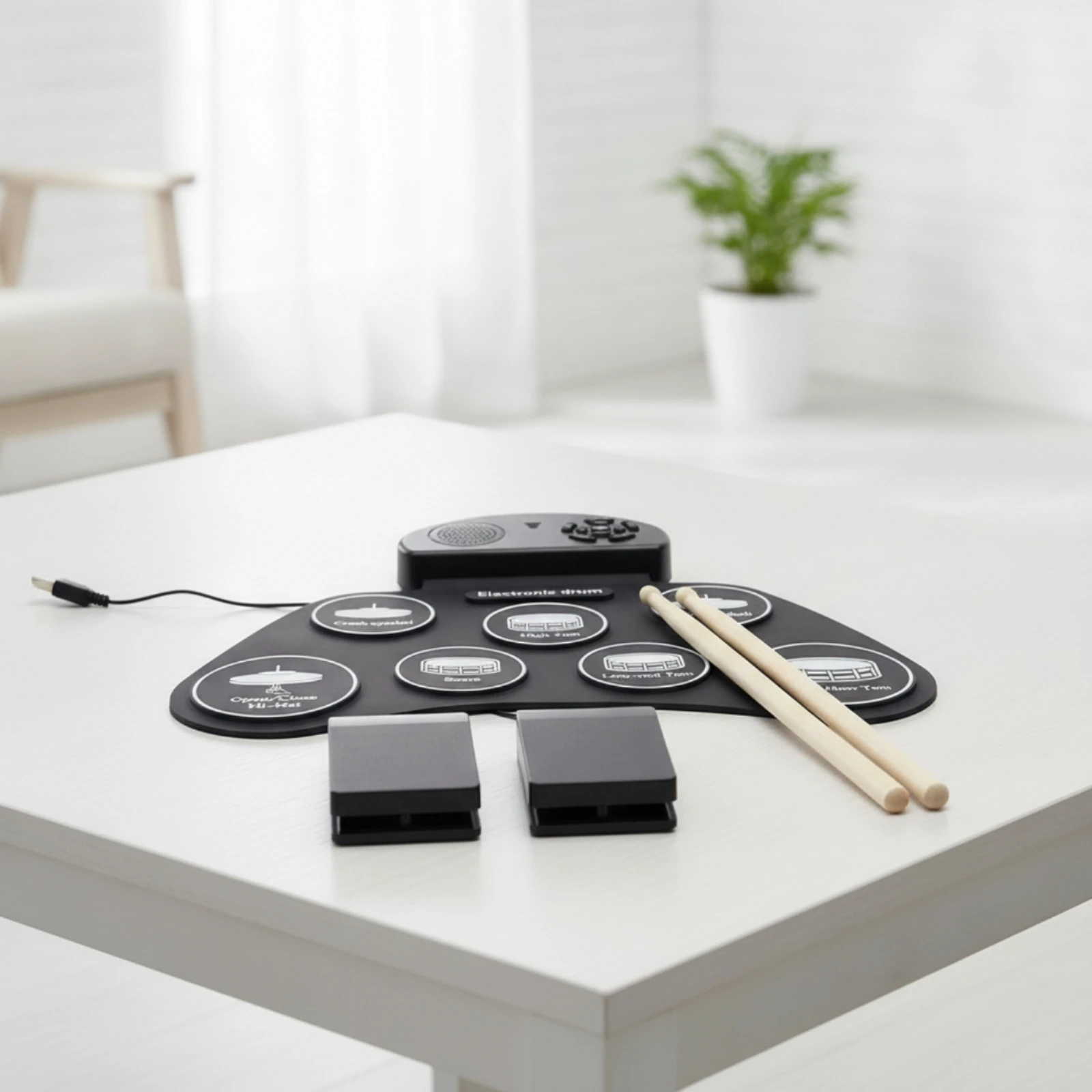 Tabletop Drum Pad with Pedals Digital Electronic Drum Pad with Speaker for Beginners, Home Practice