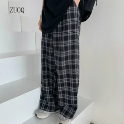 Calças xadrez soltas para as mulheres, casual e chique, oversize, perna larga, harajuku, cintura alta, estilo hip hop, verão, s-3xl