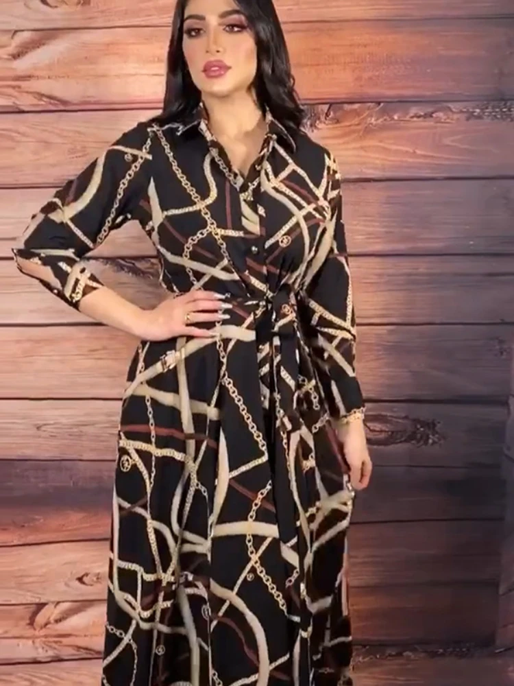 Vestido musulmán de otoño para mujer, caftán marroquí de manga larga, Maxi vestido camisero, Abaya con estampado de Turquía y Dubái, ropa islámica