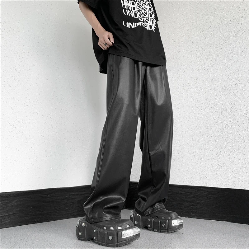 Men\'s Spring and Autumn Straight Pants Simple Elastic Waist Mop Wide Leg Pu Leather Pants