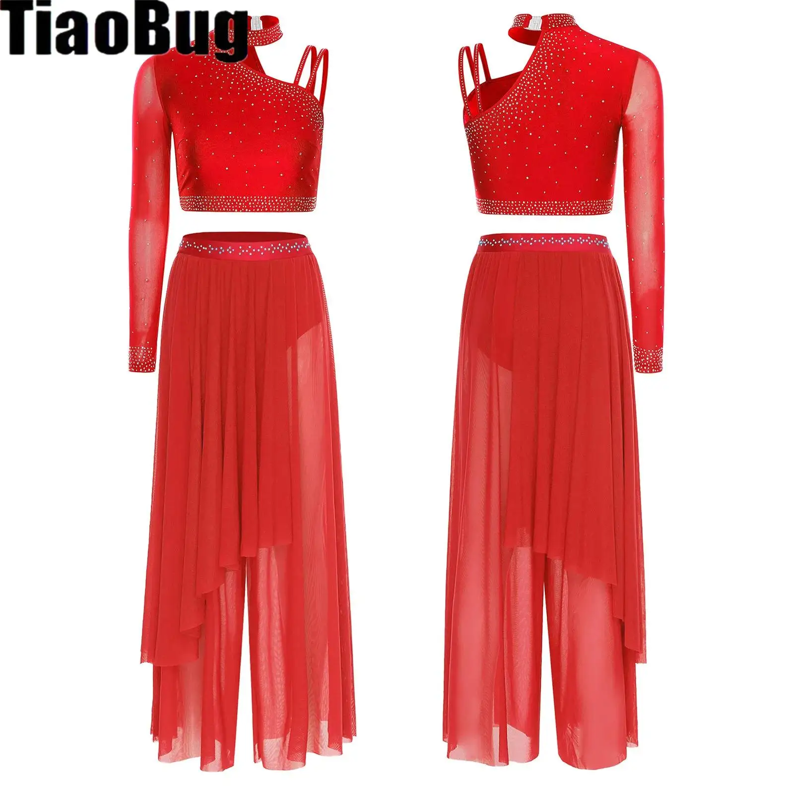 women-lyrical-ballet-dance-outfit-single-asymmetrical-shoulder-rhinestone-crop-tops-and-loose-leg-irregular-overlay-briefs-pants