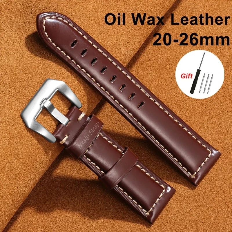 Oil Wax Leather Watch Band Dark Brown for Panerai for Seiko Wristband Glossy Cowhide Bracelet Accessories 20mm 22mm 24mm 26mm