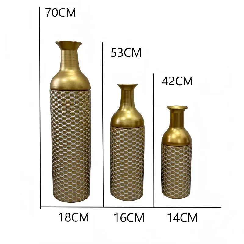 Golden honeycomb pattern vase three-piece set, living room entrance hotel decorative ornament c