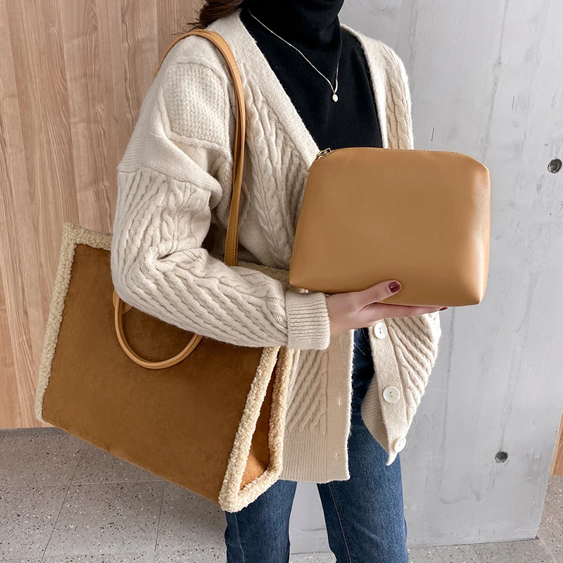 2024 bags for women college students’ large-capacity tote bag lambswool bag suede contrasting color handbag for class