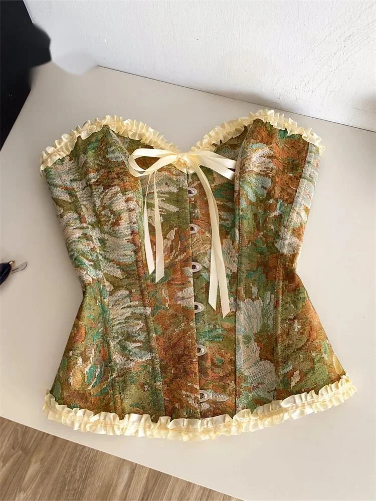 Strapless Retro Print Evening Camisole Women Ruffles Spliced Hotsweet Tank Top  Summer Floral Vintage Beach Top