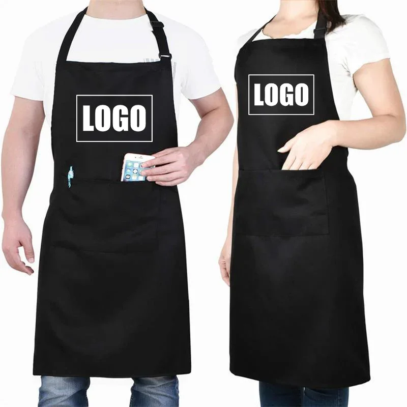 

Customized Print Embroidery Logo Large Size Waterproof Signature Kitchen Home Chef Baking Clothes Pockets Adult Bib Waist Aprons