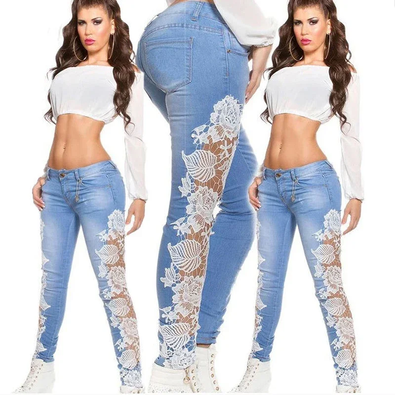 Summer Women Lace Jeans Popular in Europe and America Style Slim Fit Women Pencil Jeans Pants Hot Sexy Skinny Jeans Club Wear