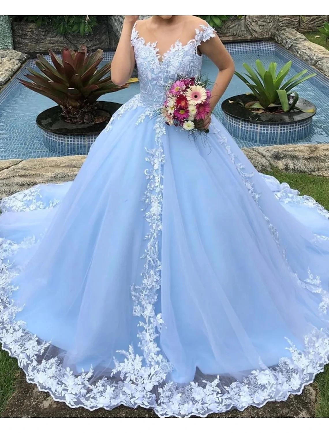 Vestido De novia elegante con cuello transparente, manga casquillo, apliques De encaje, 2023